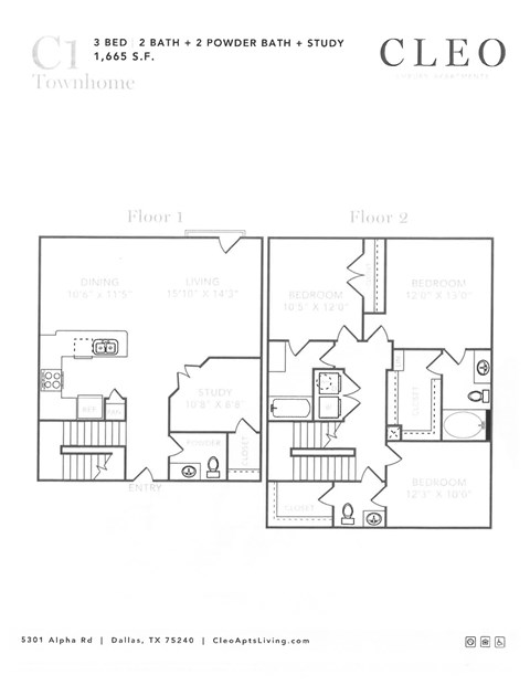 Floor plan for 3 beds, 2.5 baths, 1665 sqft